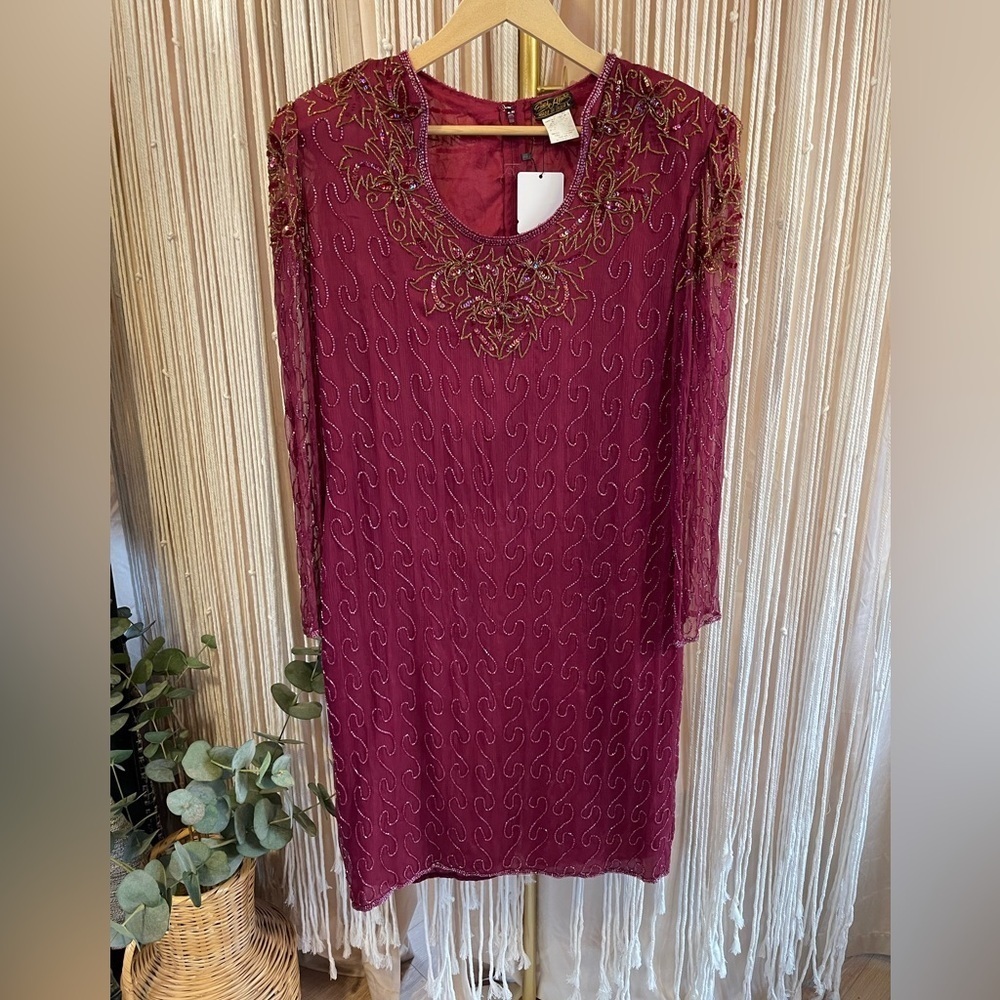 vintage silk beaded, burgundy, long-sleeve cocktail sheer overlay dress Large